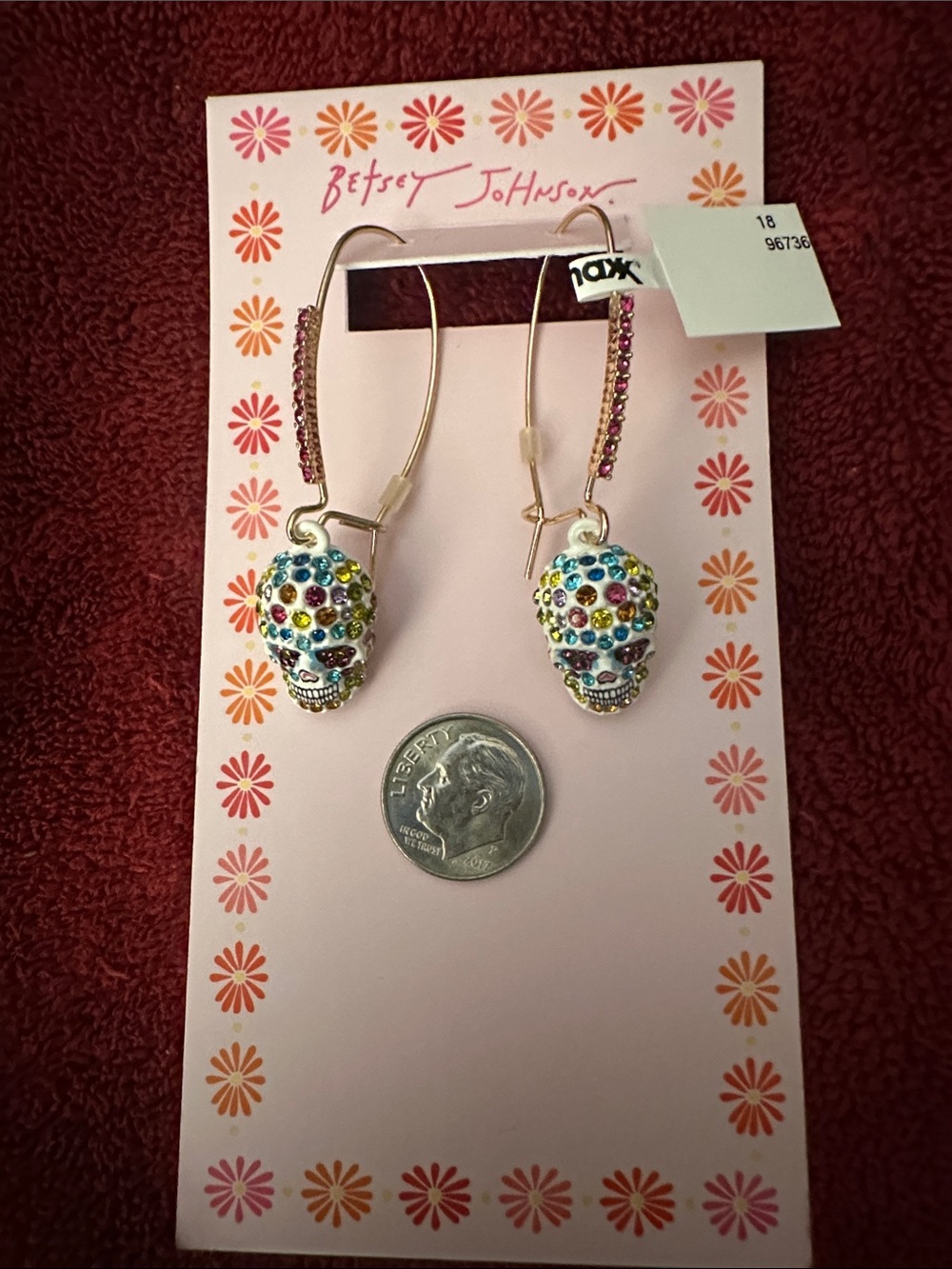 Betsey Johnson Gold-Tone Skull Hoop Earrings with Multicolor Crystals NEW